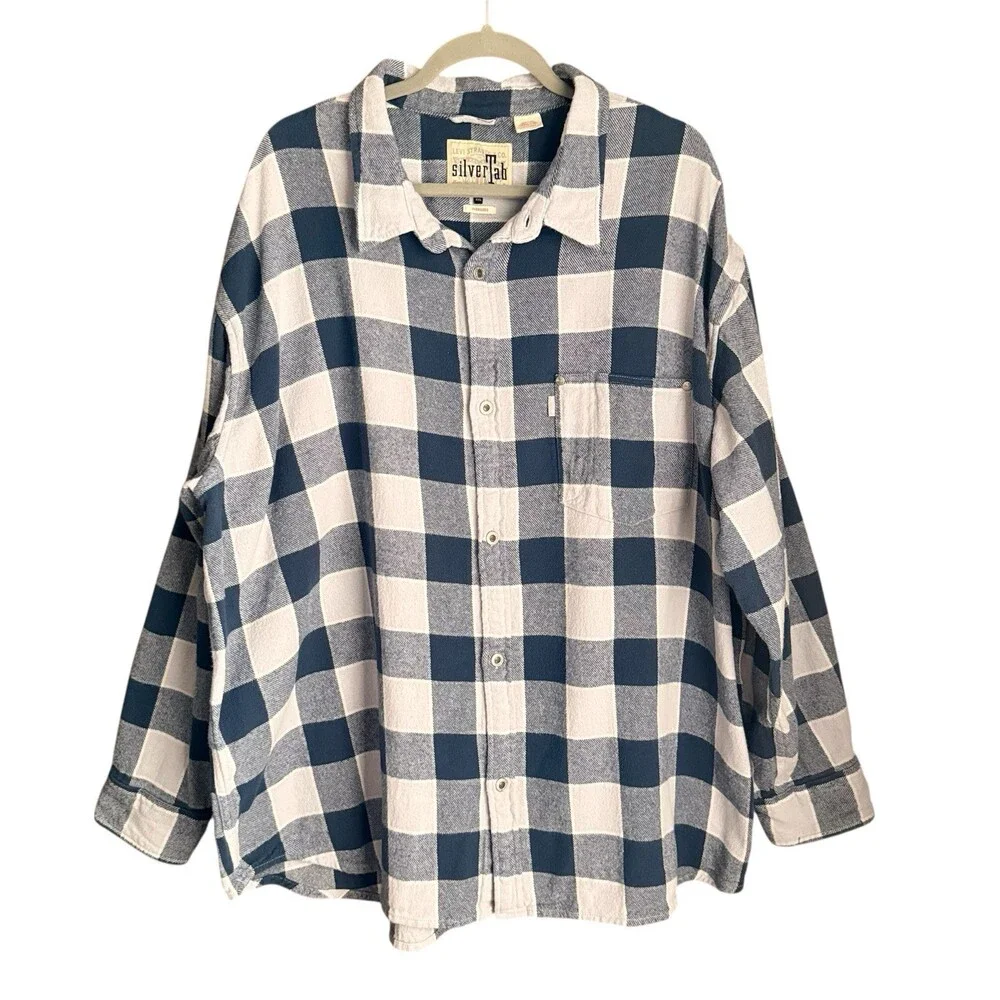 Levi’s SilverTab Men’s XXL 100% Cotton Flannel Shirt Blue White Buffalo Plaid